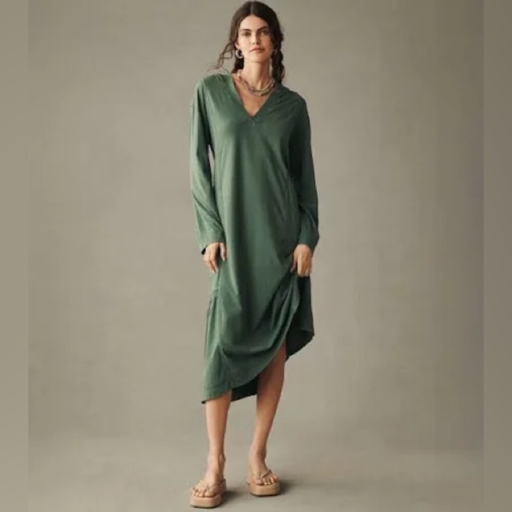 Anthropologie Olive Green Long-Sleeve V-Neck Midi Dress